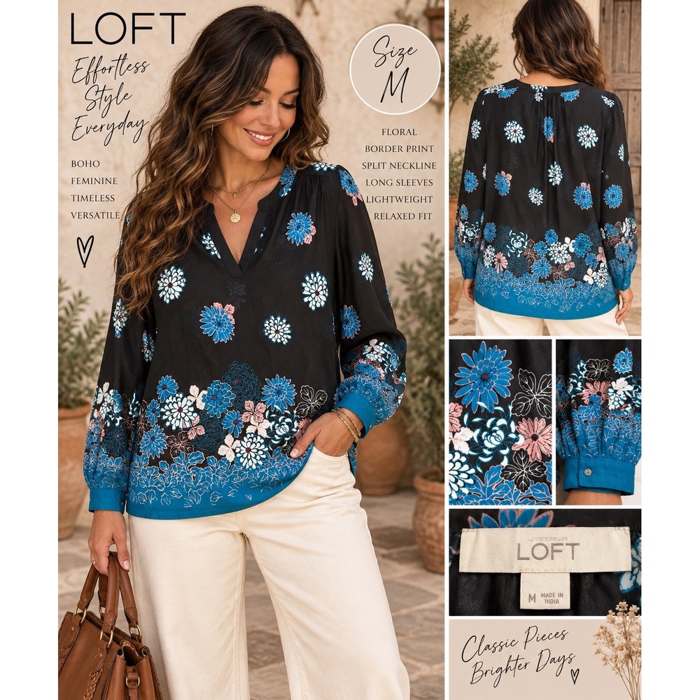 Loft Floral Border Print Split Neck Blouse Black Blue Boho Top Medium